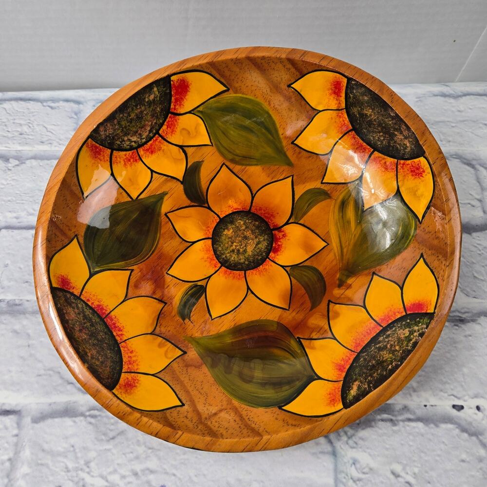 Wood Folk Art Sunflower Bowl Glossy Finish made in Mexico 10.75 inch diameter